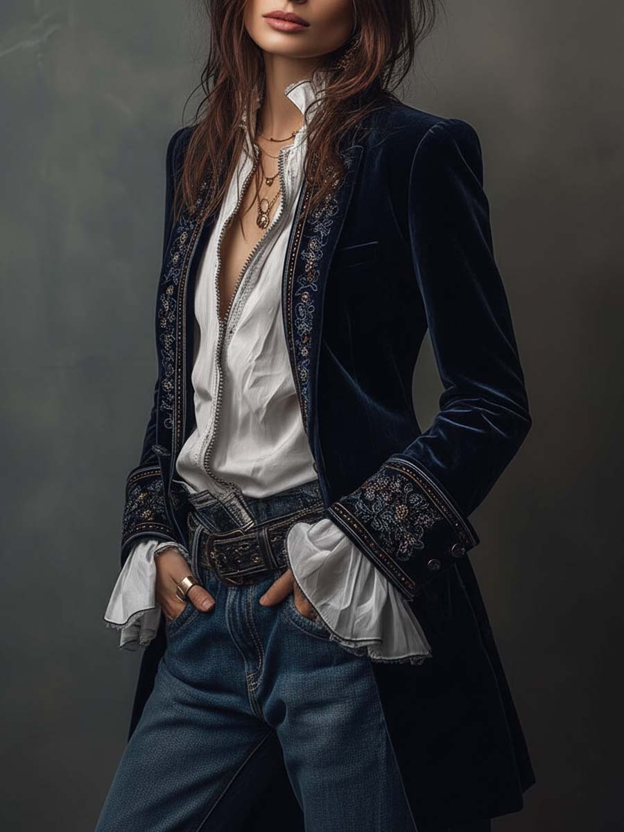 Erica | Long Vintage Jacket with Embroidery