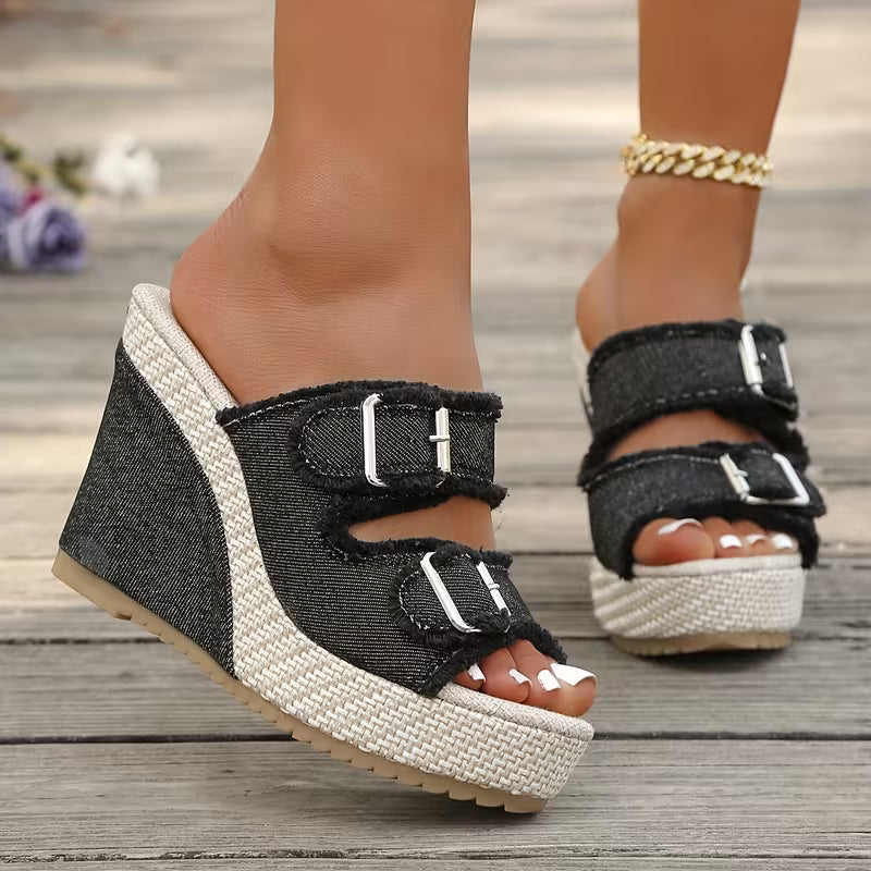Elara Denim Wedge Sandals