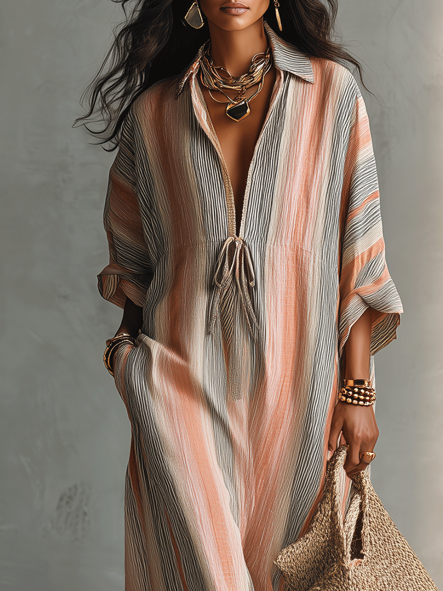 Casual Relaxed Beachwear Striped Flowing Stripe Striped V-Neck Maxi Dress