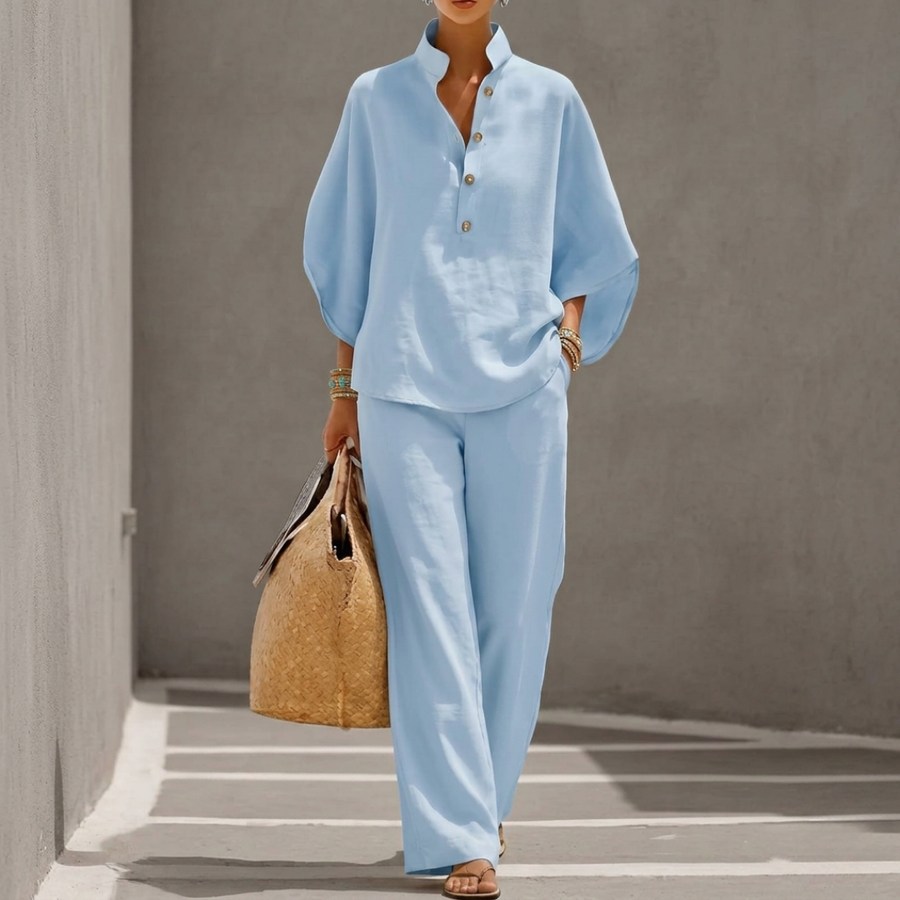 Azure | Wide-Leg Pants Set with Batwing Top and Stand Collar