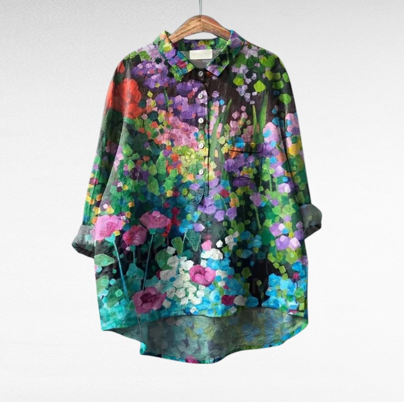 Cora | Floral Long Sleeve Blouse with Collar and Curved Hem