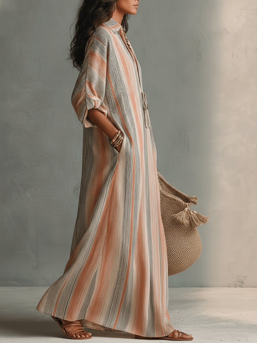 Casual Relaxed Beachwear Striped Flowing Stripe Striped V-Neck Maxi Dress