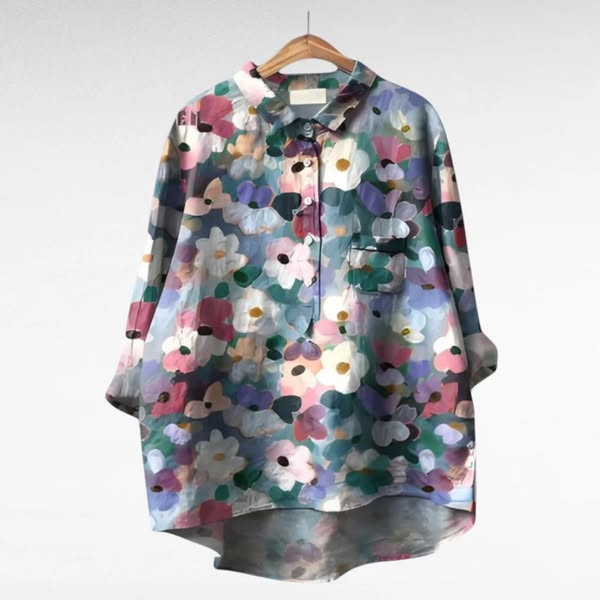 Cora | Floral Long Sleeve Blouse with Collar and Curved Hem