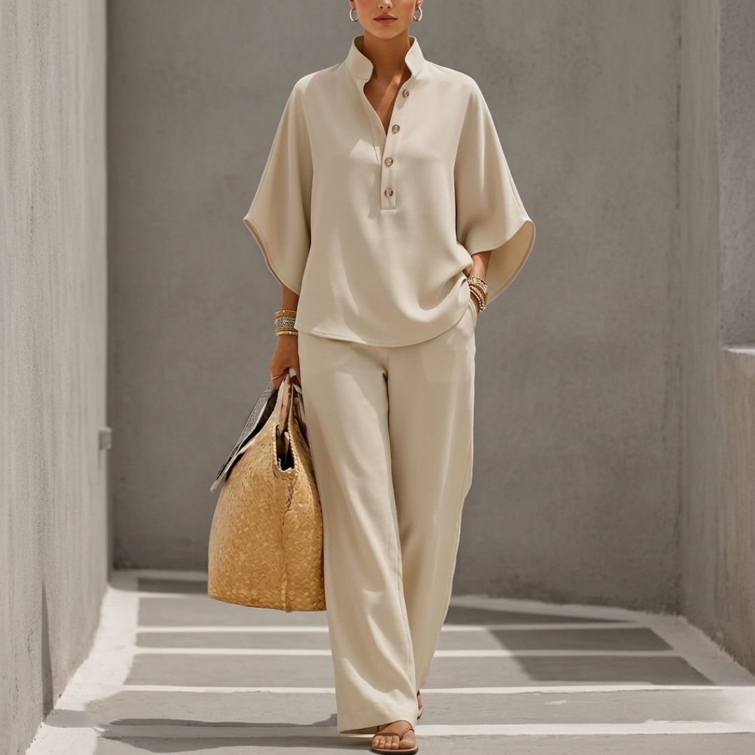 Azure | Wide-Leg Pants Set with Batwing Top and Stand Collar
