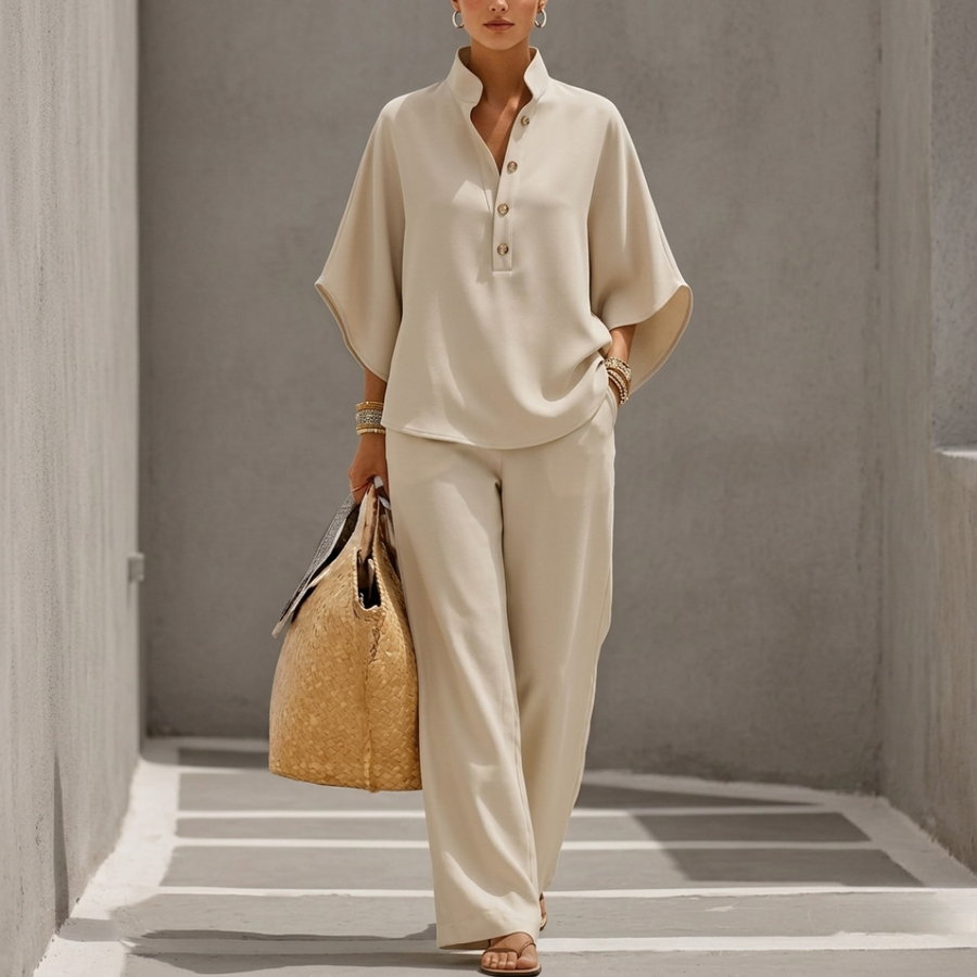 Azure | Wide-Leg Pants Set with Batwing Top and Stand Collar