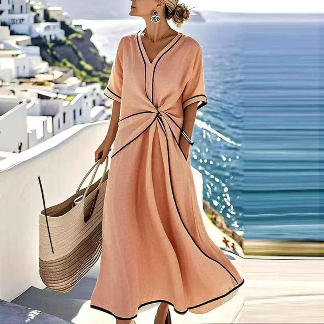 Aurora | V-Neck Maxi Dress with Twisted Waist and Contrast Trim