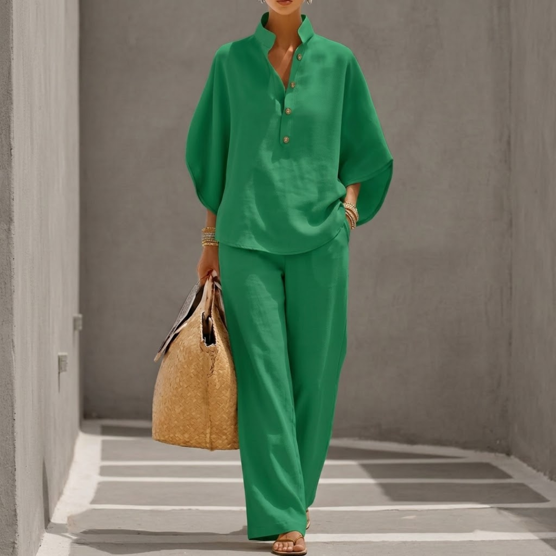 Azure | Wide-Leg Pants Set with Batwing Top and Stand Collar
