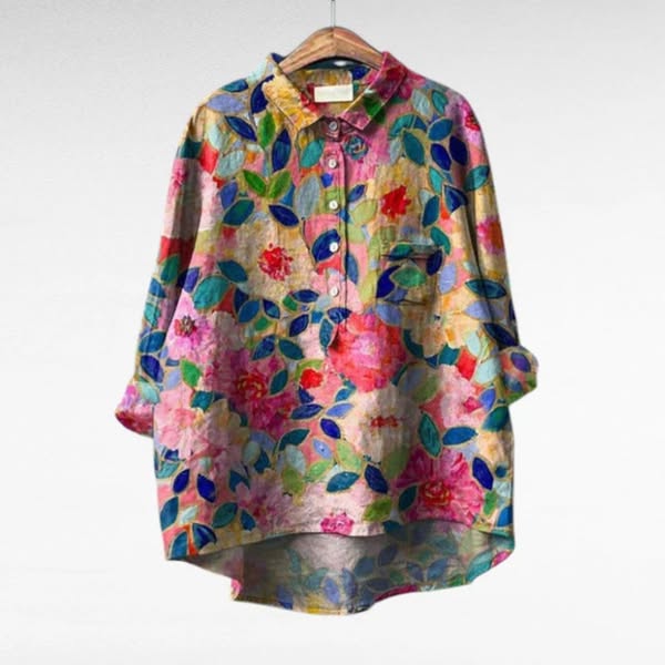 Cora | Floral Long Sleeve Blouse with Collar and Curved Hem