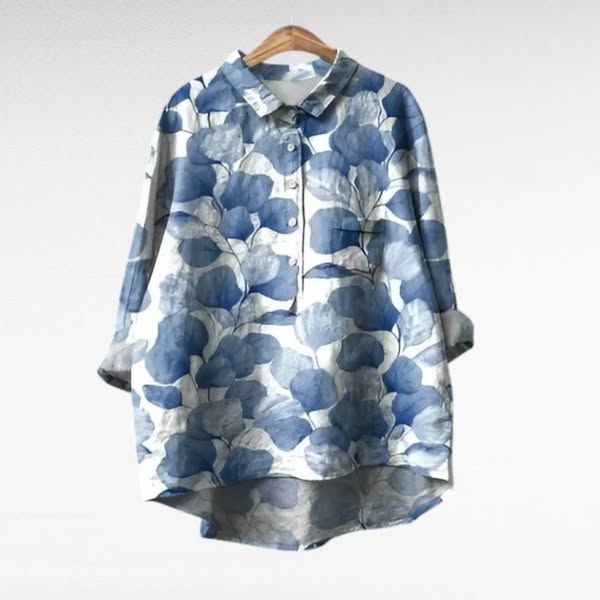 Cora | Floral Long Sleeve Blouse with Collar and Curved Hem