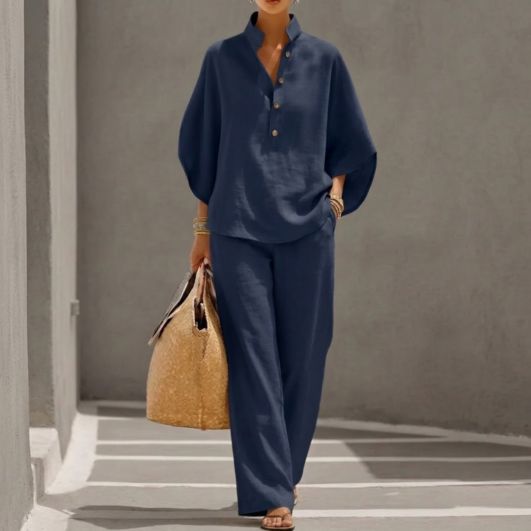 Azure | Wide-Leg Pants Set with Batwing Top and Stand Collar