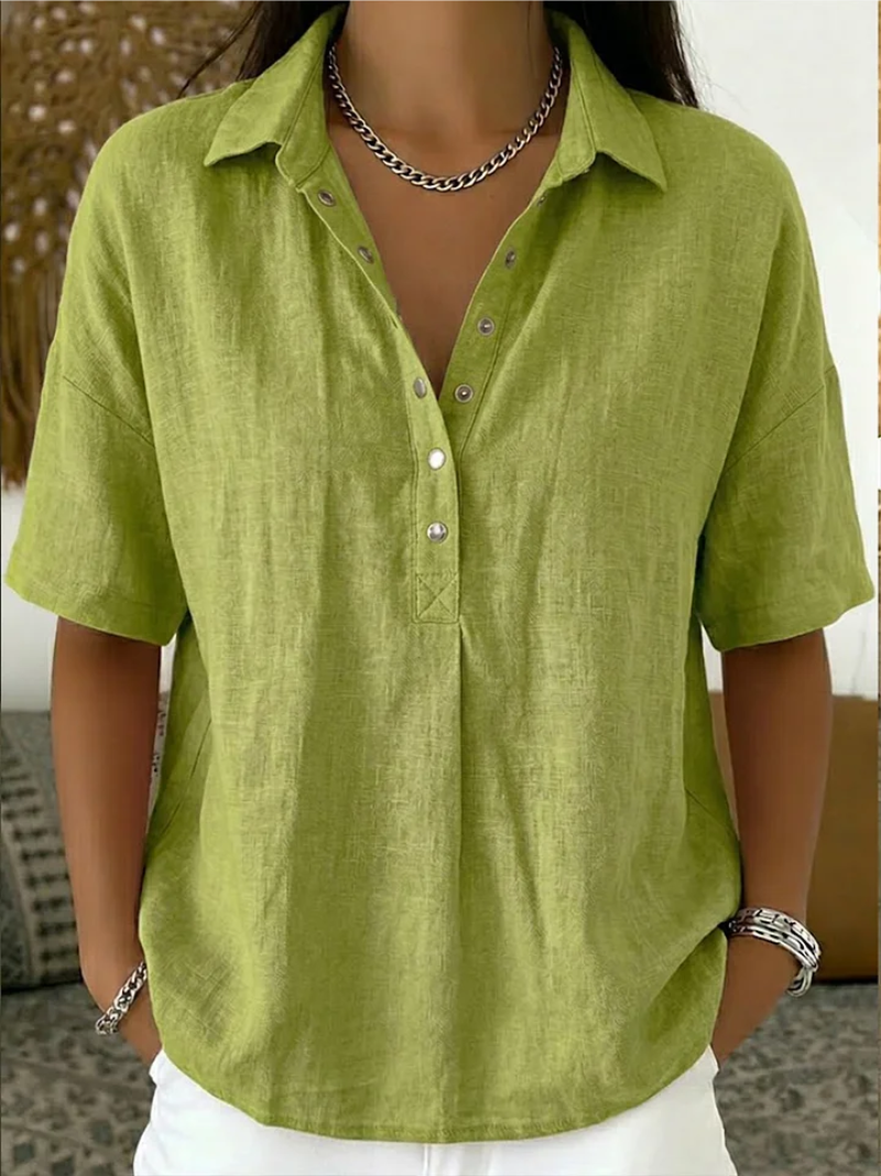 Nora | Short Sleeve Collared Blouse with Button Placket and Relaxed Fit