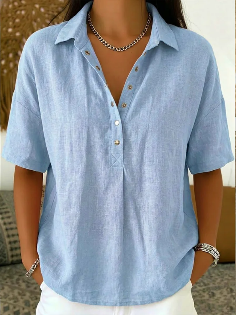 Nora | Short Sleeve Collared Blouse with Button Placket and Relaxed Fit