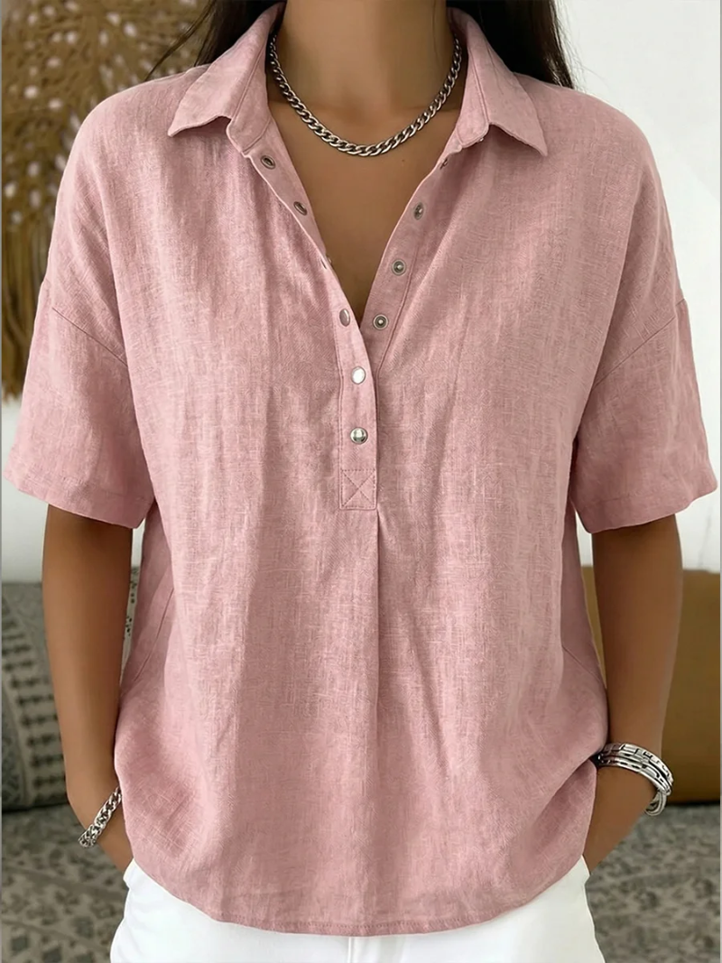Nora | Short Sleeve Collared Blouse with Button Placket and Relaxed Fit