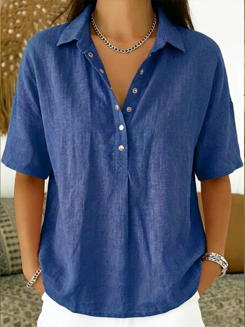 Nora | Short Sleeve Collared Blouse with Button Placket and Relaxed Fit