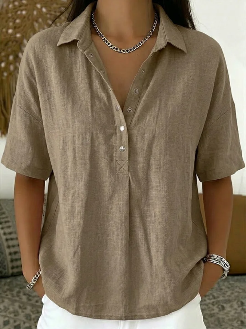 Nora | Short Sleeve Collared Blouse with Button Placket and Relaxed Fit