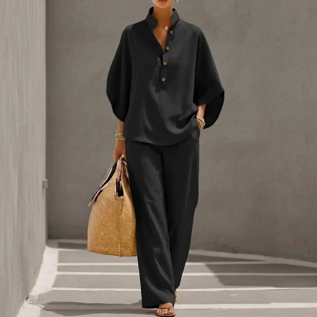 Azure | Wide-Leg Pants Set with Batwing Top and Stand Collar