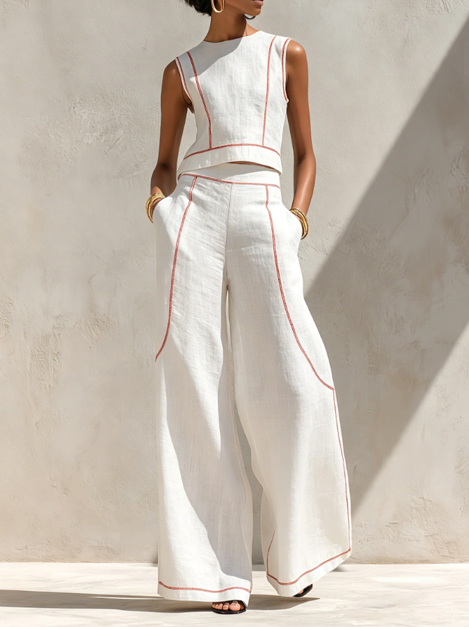Women's Minimalist  Blouse & Wide-Leg Pants Set