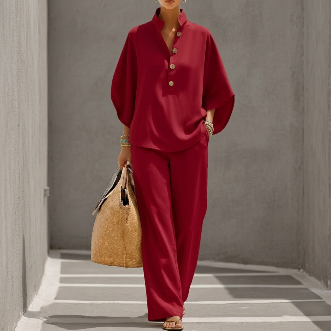 Azure | Wide-Leg Pants Set with Batwing Top and Stand Collar