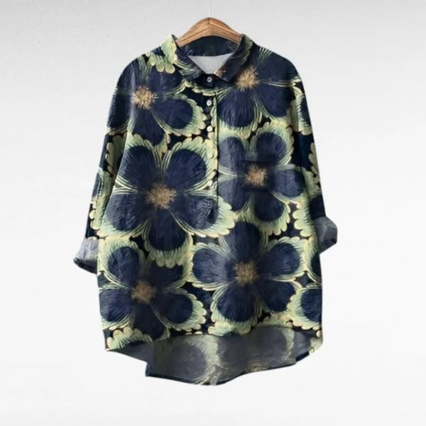 Cora | Floral Long Sleeve Blouse with Collar and Curved Hem
