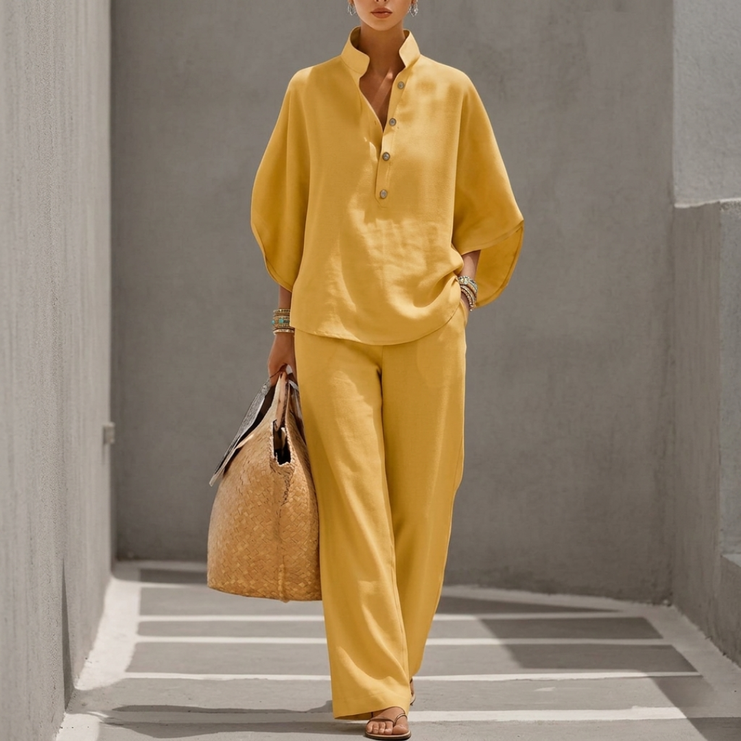 Azure | Wide-Leg Pants Set with Batwing Top and Stand Collar