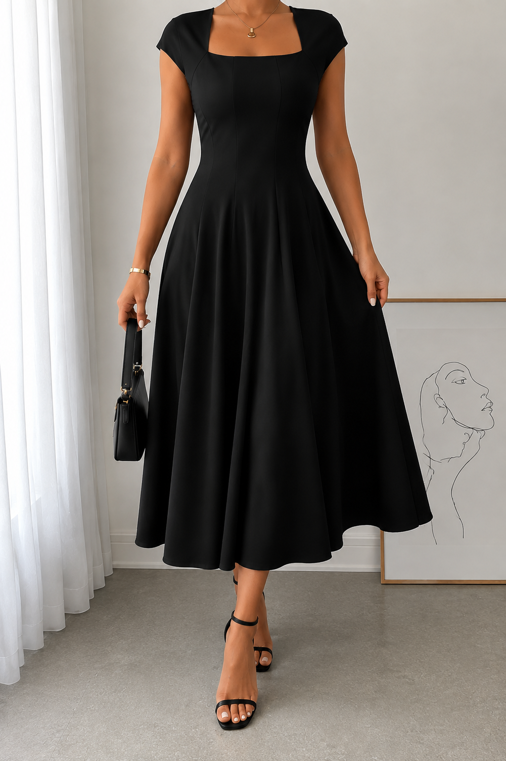 Women’s Square-Neck A-Line Midi Dress