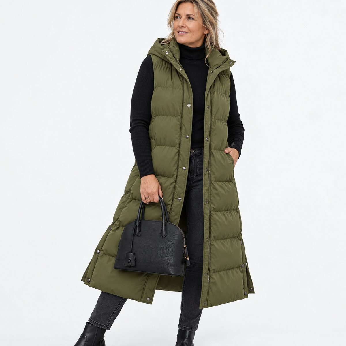 Women's Puffer Vest Quilted Hooded Maxi Length Button Down