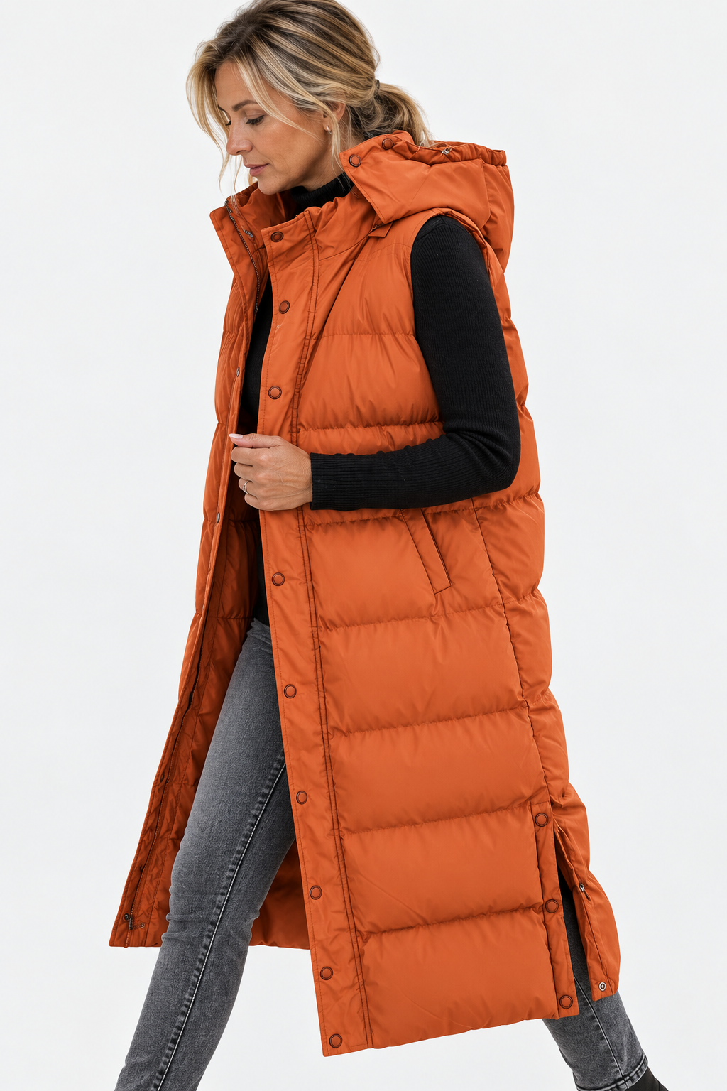 Women's Puffer Vest Quilted Hooded Maxi Length Button Down