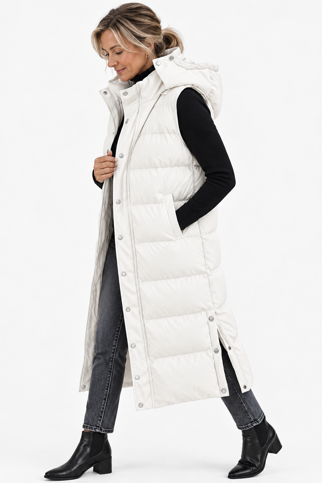 Women's Puffer Vest Quilted Hooded Maxi Length Button Down