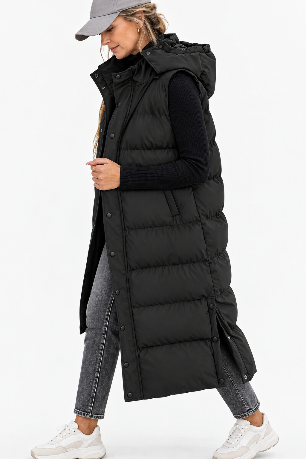 Women's Puffer Vest Quilted Hooded Maxi Length Button Down