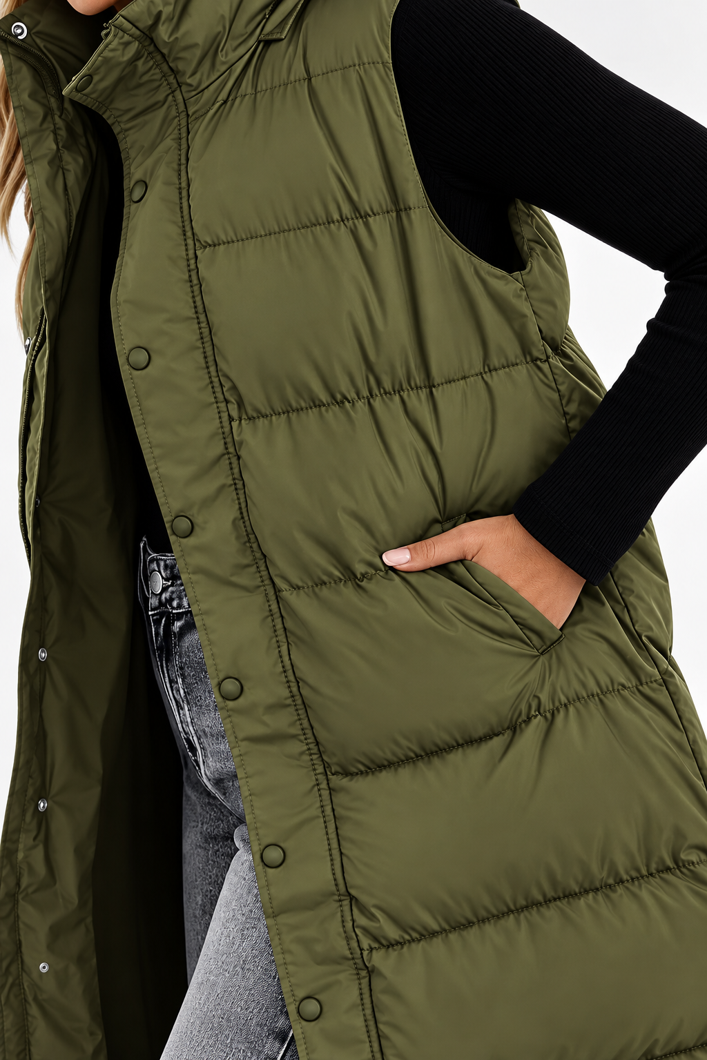 Women's Puffer Vest Quilted Hooded Maxi Length Button Down