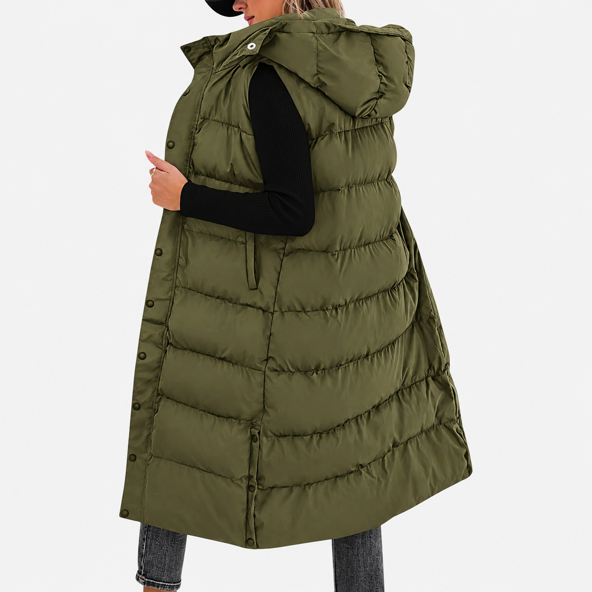 Women's Puffer Vest Quilted Hooded Maxi Length Button Down