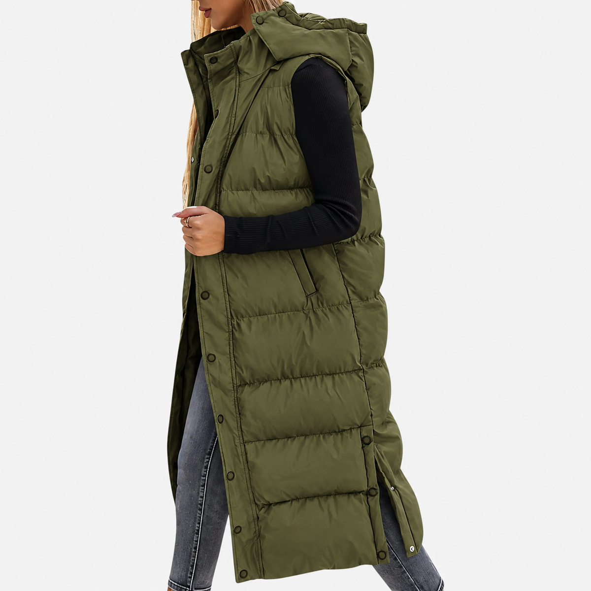 Women's Puffer Vest Quilted Hooded Maxi Length Button Down
