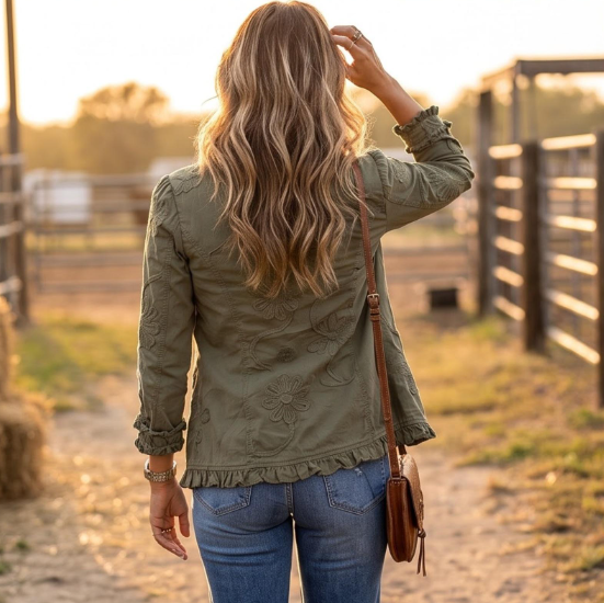 Órlaith | Boho-Chic Floral Embroidered Utility Ruffled Trim Jacket
