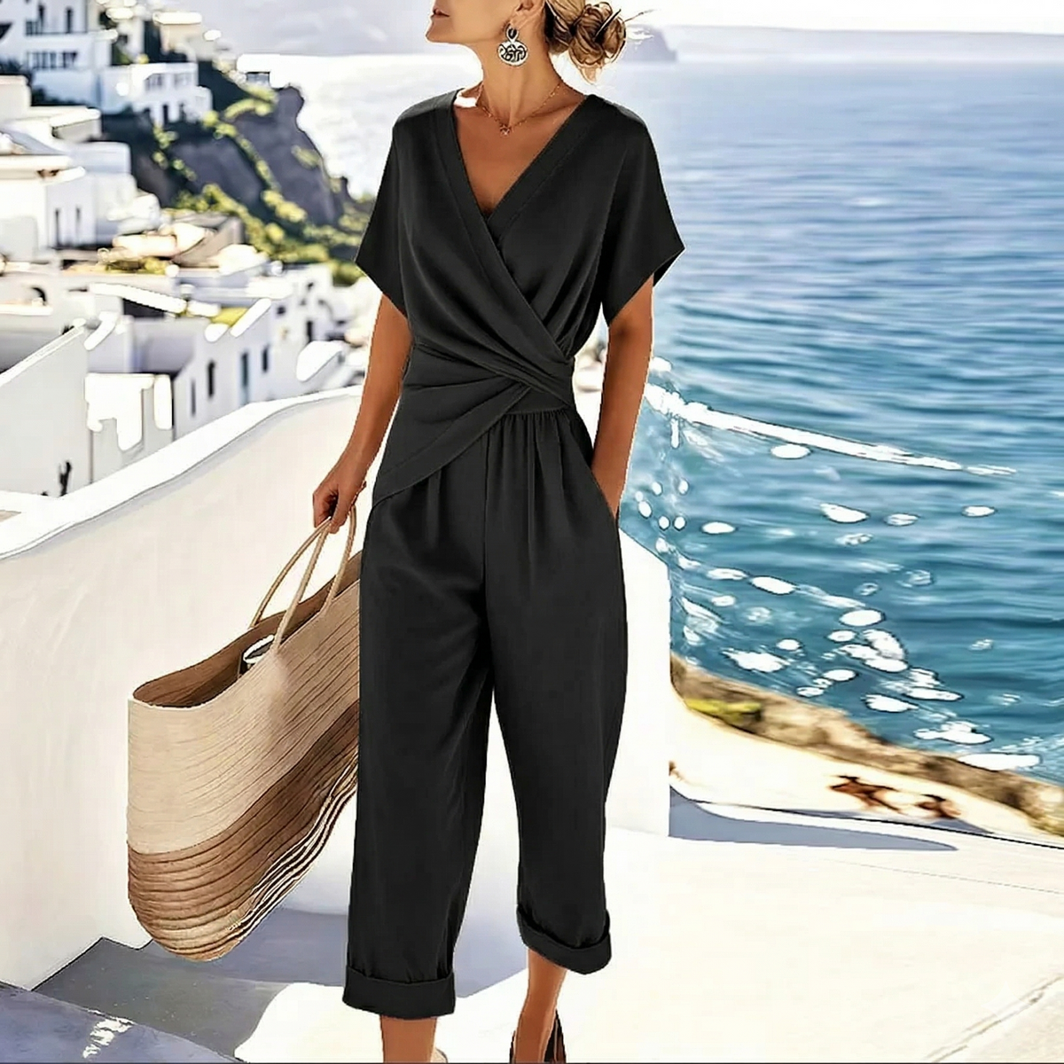 Stella | Wrap-Front Jumpsuit with Twisted Waist and Cropped Wide-Leg Pants
