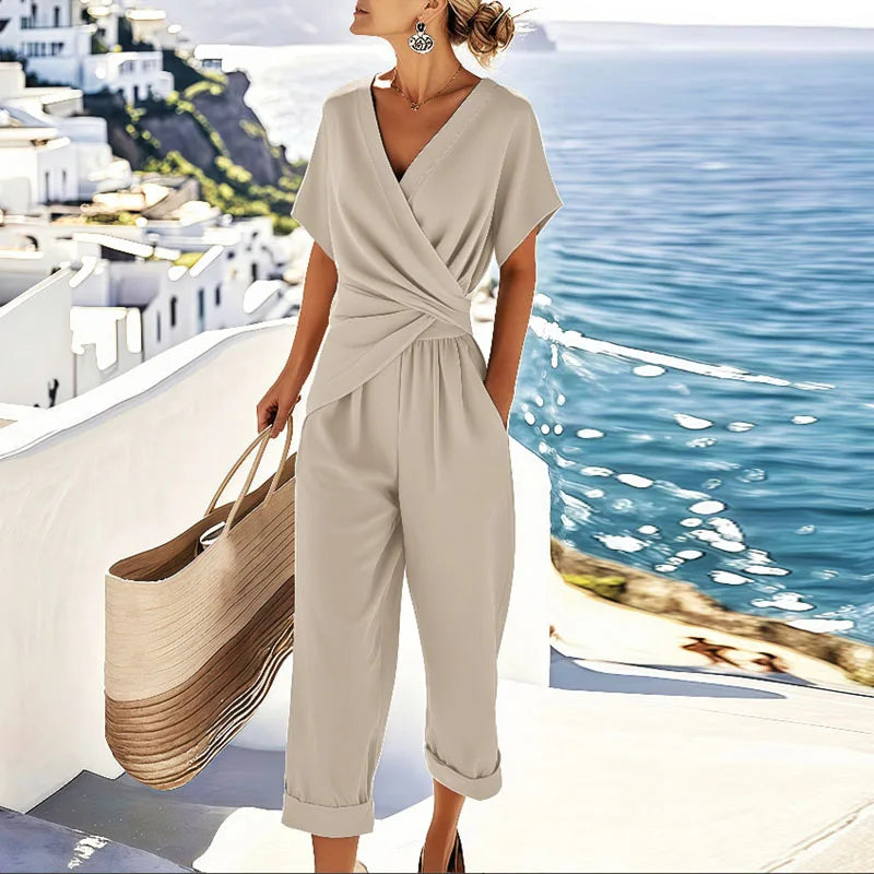 Stella | Wrap-Front Jumpsuit with Twisted Waist and Cropped Wide-Leg Pants