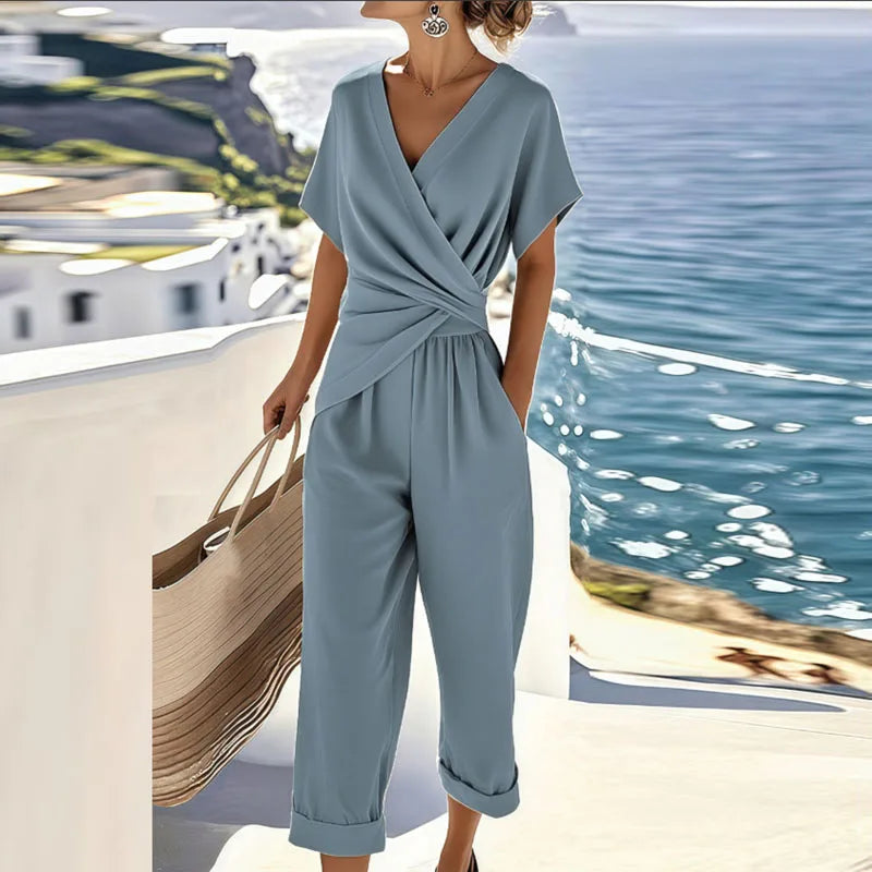 Stella | Wrap-Front Jumpsuit with Twisted Waist and Cropped Wide-Leg Pants