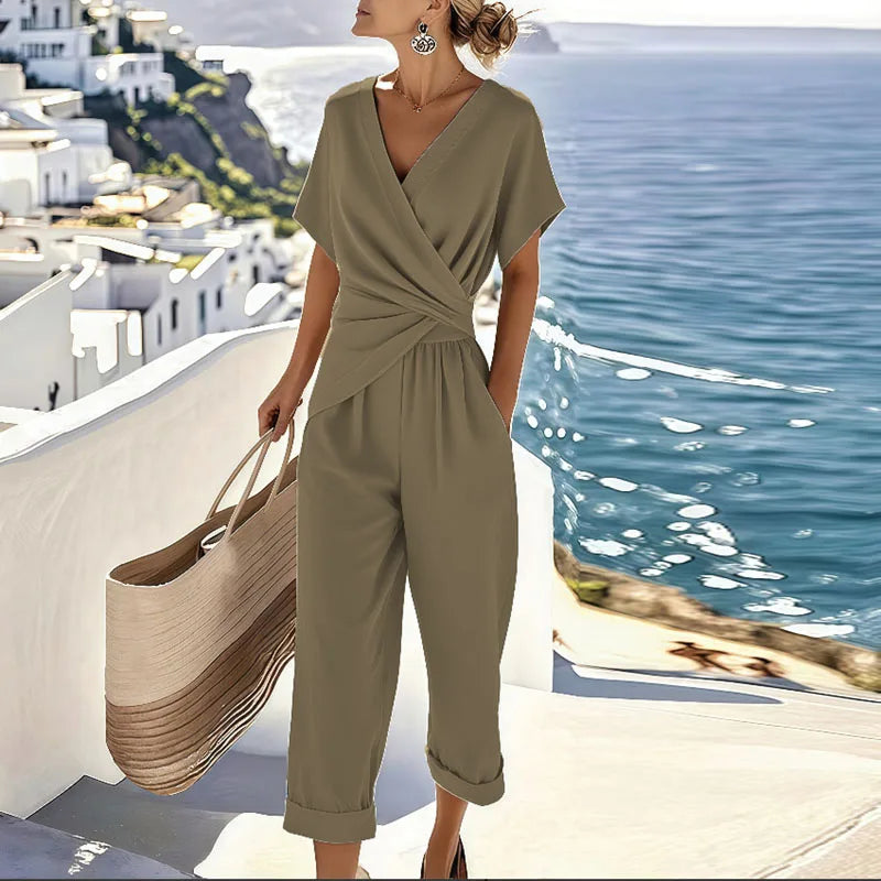 Stella | Wrap-Front Jumpsuit with Twisted Waist and Cropped Wide-Leg Pants
