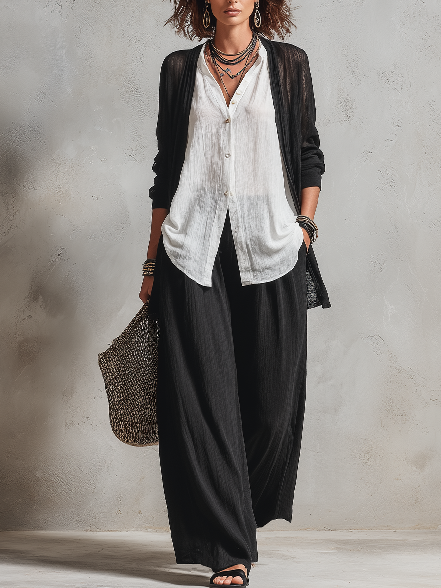 Monique | Three-Piece Set: Chiffon Layered Cardigan & High-Waist Wide-Leg Pants