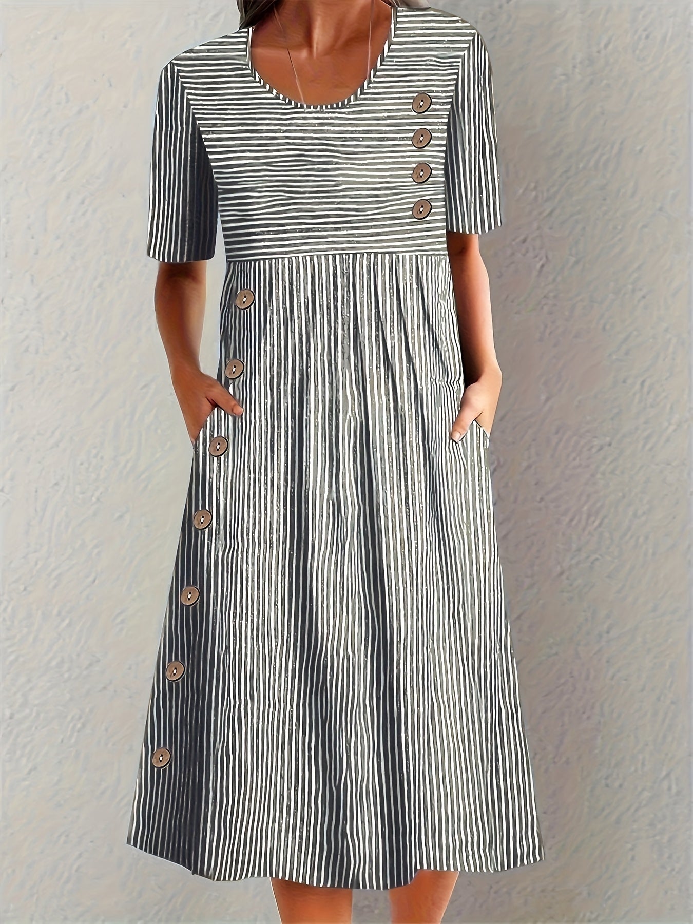 Hazel | Striped Midi Dress with Button Detail and Side Pockets