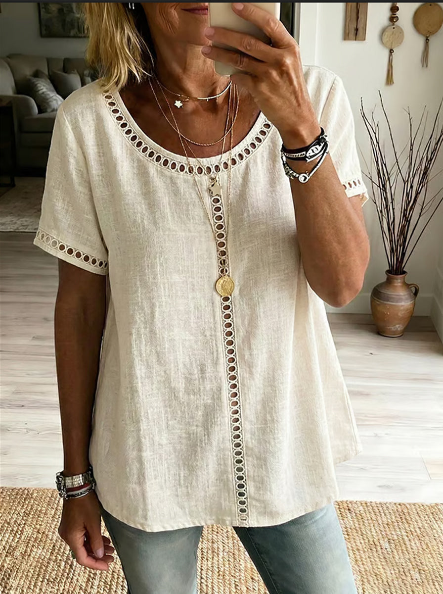 Kenza™ | Top patchwork openwork linen & cotton