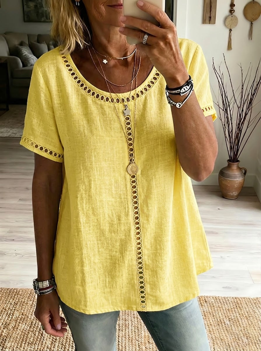Kenza™ | Top patchwork openwork linen & cotton