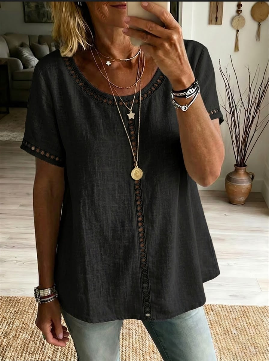 Kenza™ | Top patchwork openwork linen & cotton