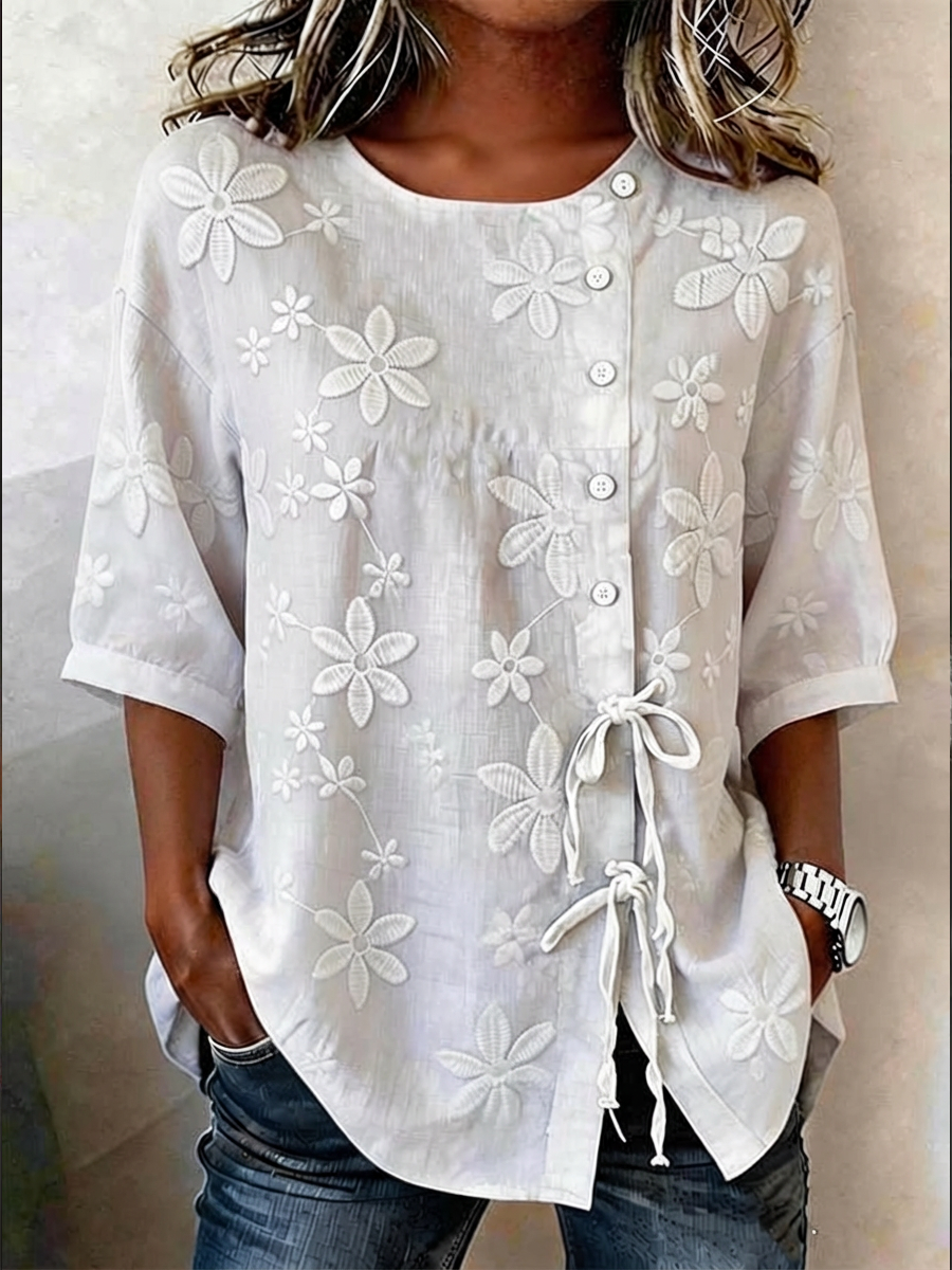 Shira™ | Button-Up Cotton-Linen Blouse with Lace