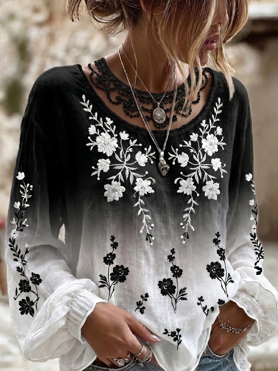 Noir & Blanc™ | Vintage Floral Cotton-Linen Top