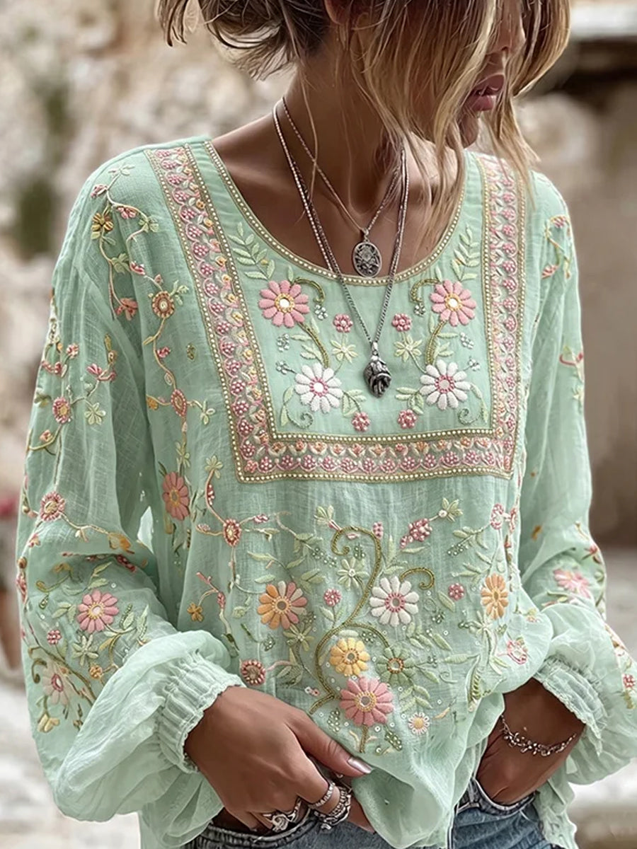 Brocante™ | Vintage Floral Cotton-Linen Top